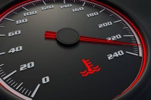 Engine temperature warning light on car dashboard. 3D rendered illustration.